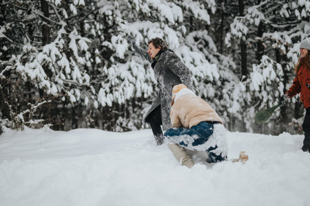 Group of friends playing in the snow in a winter forest setting