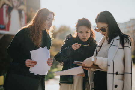 Three women discussing documents outdoors during a sunny day