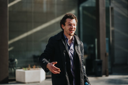 Young professional having an animated conversation outdoors