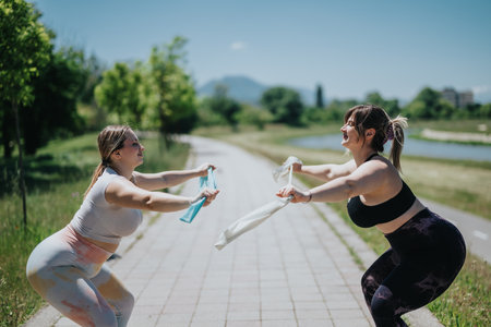 Two women working out outdoors using resistance bands on a sunny dayの写真素材