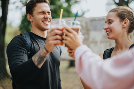 Friends Celebrating With Drinks in Park on a Cloudy Day After Workout