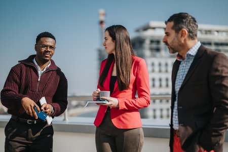 Professional colleagues discussing ideas outdoors on a sunny day in an open urban environment