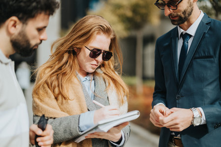 Professionals gathered outdoors discussing documents in a sunny urban area