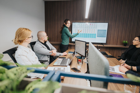 Group of associates in a modern office analyzing data on a presentation screen during a team...