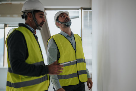 Construction workers inspecting a building site wearing high-visibility safety vests and helmets