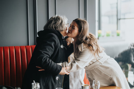 A senior woman and a younger woman share a heartfelt moment in a cozy cafe setting