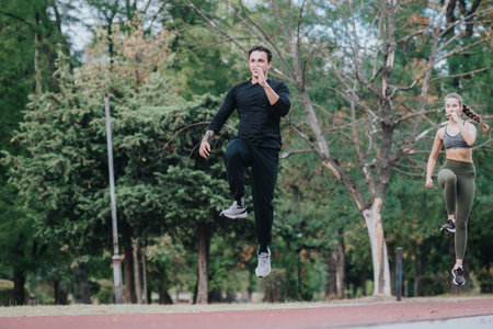 Man and Woman Exercising Outdoors Performing High Knees in a Park Setting