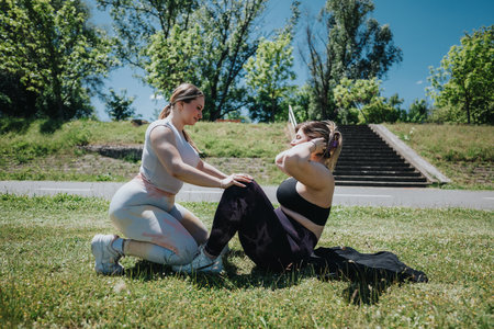 Two women exercising outdoors, engaging in a dynamic workout session.
