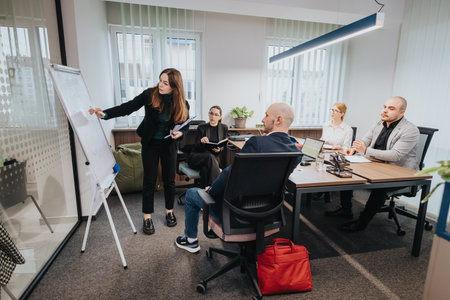 Business colleagues engaging in a collaborative team meeting in a modern conference room setting.