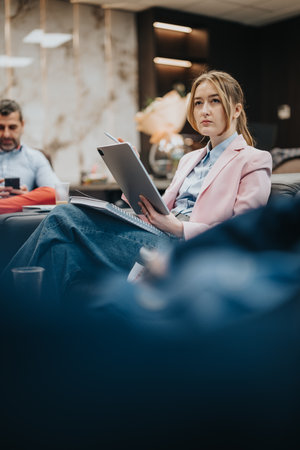 Young woman engaged during a business meeting holding a tablet