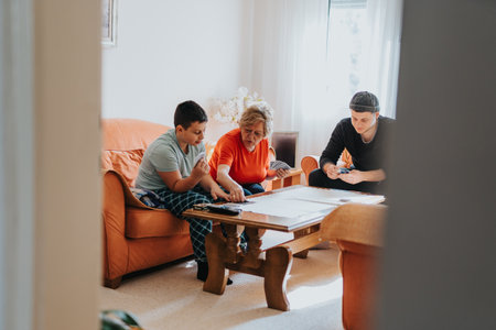 Family bonding around a board game in a cozy living room