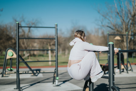 Young woman engaging in outdoor fitness on park equipment on a sunny day
