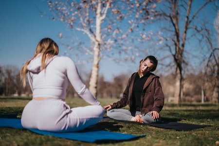 Women practicing yoga in the park under sunny skies, focusing on mindfulness and self-careの写真素材
