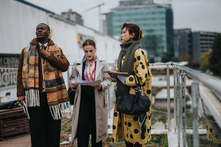 Multicultural group of people analyzing documents outdoors in an urban environment