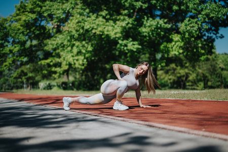 Woman in white athletic wear exercising outdoors on a sunny day