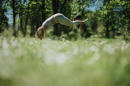 Focused fitness training in a natural outdoor environment on a sunny day