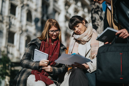 Group of women collaborating outdoors on project documentsの写真素材