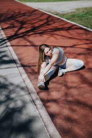 Woman stretching on a running track as part of her weight-cutting exercise routine