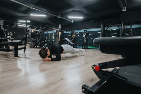 Young Woman Holding a Plank Pose in a Modern Gym Environment