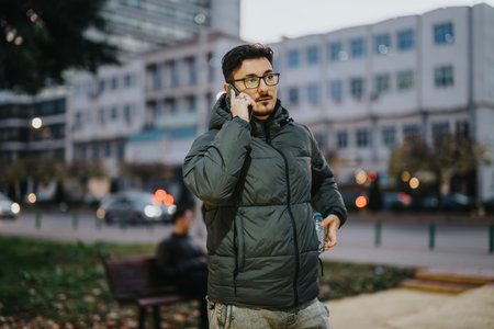 Man in city park speaking on phone wearing stylish winter jacket with glasses