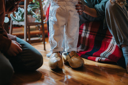 Toddler Trying on Oversized Adult Shoes Indoors