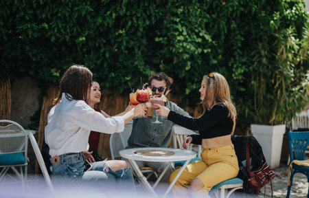 Group of friends enjoying drinks together at an outdoor cafe