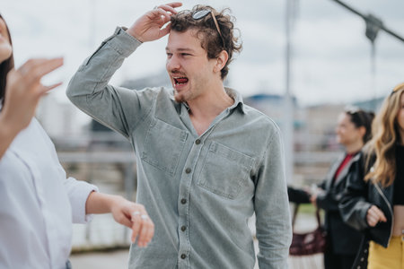 Casual friends enjoying a fun and lively moment outdoors together