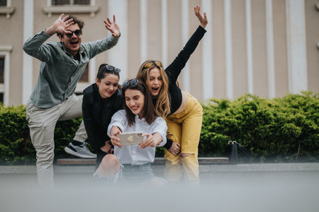 Group of friends taking a cheerful selfie outdoors on a sunny day