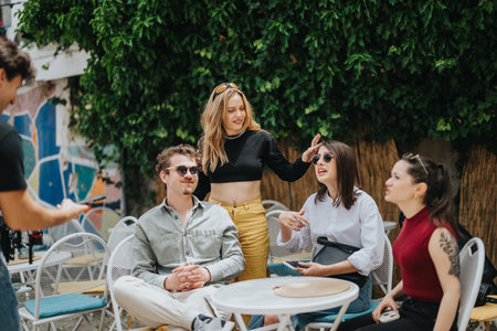 Group of friends enjoying casual outdoor conversation at a cafeの写真素材