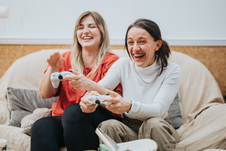 Two cheerful friends enjoying a fun gaming session together at homeの写真素材