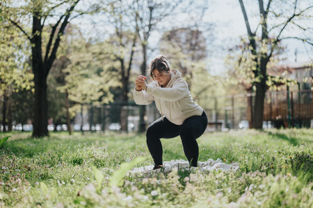 Woman exercising outdoors performing squats in a park during sunny weatherの写真素材
