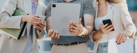 Business people collaborating outdoors with tablets and smartphones at sunset