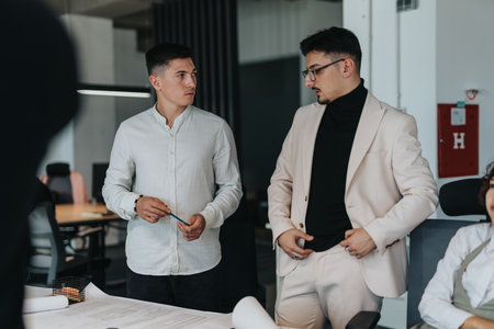 Business colleagues discussing ideas in a modern office setting