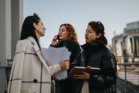 Three Women Collaborating Outdoors with Documents and Communication Toolsの写真素材