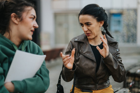 Two women in conversation, one with an expressive facial gesture