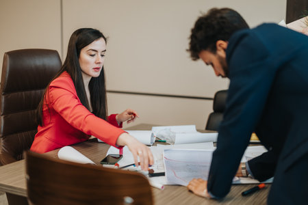 Collaborative business discussion at a workplace involving two diligent professionals working on...