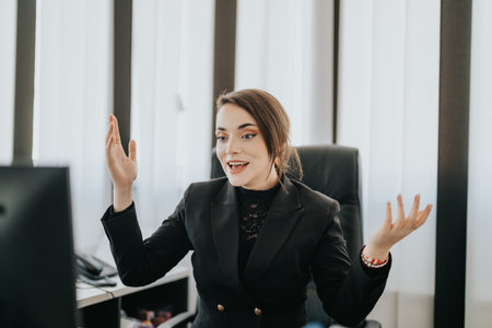 Professional businesswoman engaged in online meeting in modern office setting
