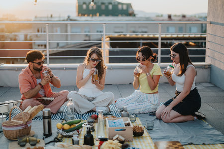 Group of friends enjoying rooftop picnic with food and drinks