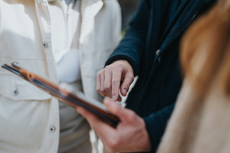Close-up of hands interacting with a clipboard during a collaborative discussion