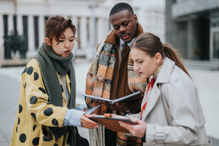 Diverse colleagues reviewing documents outdoors on a city street