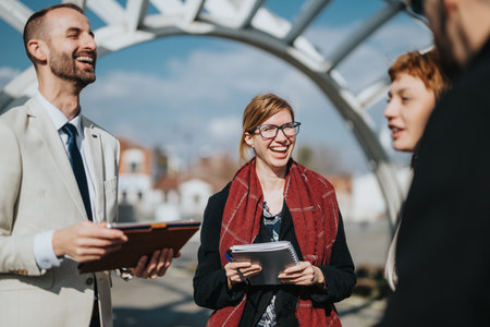 Group of professionals engaging in outdoor conversation under a modern structure