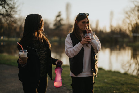 Two girls enjoying beverages outdoors near a serene lake during a peaceful twilight setting