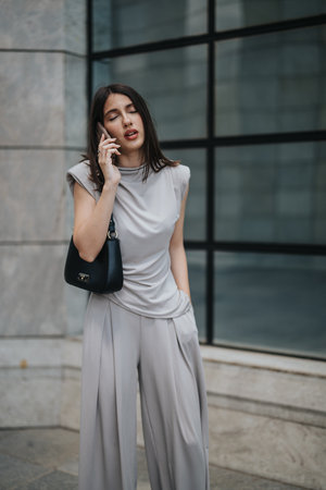 Stylish woman talking on the phone in modern outdoor settingの写真素材