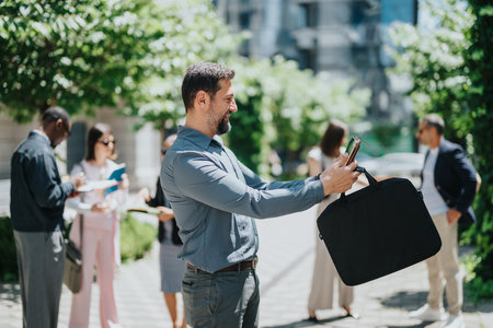 Group of coworkers networking outdoors during a sunny business meeting