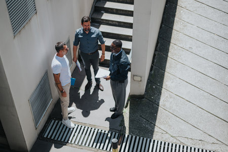 Group of professionals having a discussion outdoors near a modern building