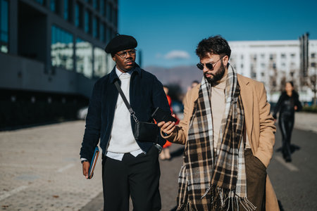 Two stylish individuals walking outdoors in a modern business district