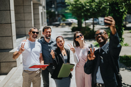 Diverse business team posing for a group selfie outdoors on a sunny day