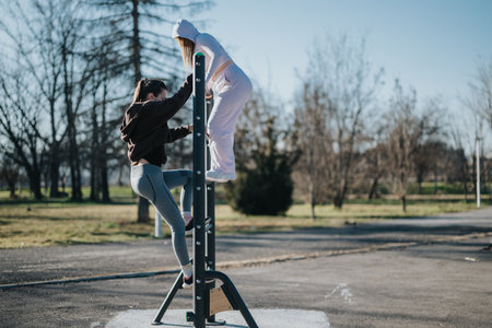 Two women exercising on outdoor equipment in a park on a sunny day