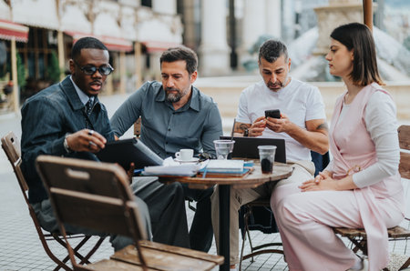 Multiracial business meeting outdoors discussing ideas and using technology