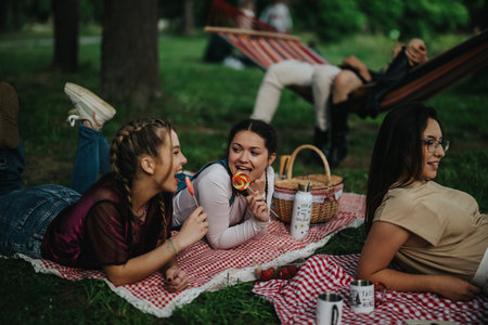 Friends enjoying a relaxing picnic with snacks in a scenic park setting